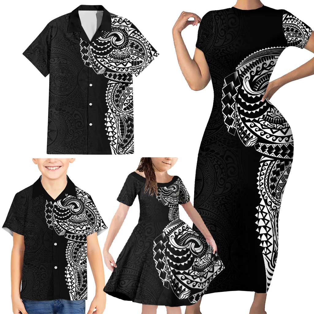 Polynesian Art Traditional Tattoo Pattern Family Matching Short Sleeve Bodycon Dress and Hawaiian Shirt