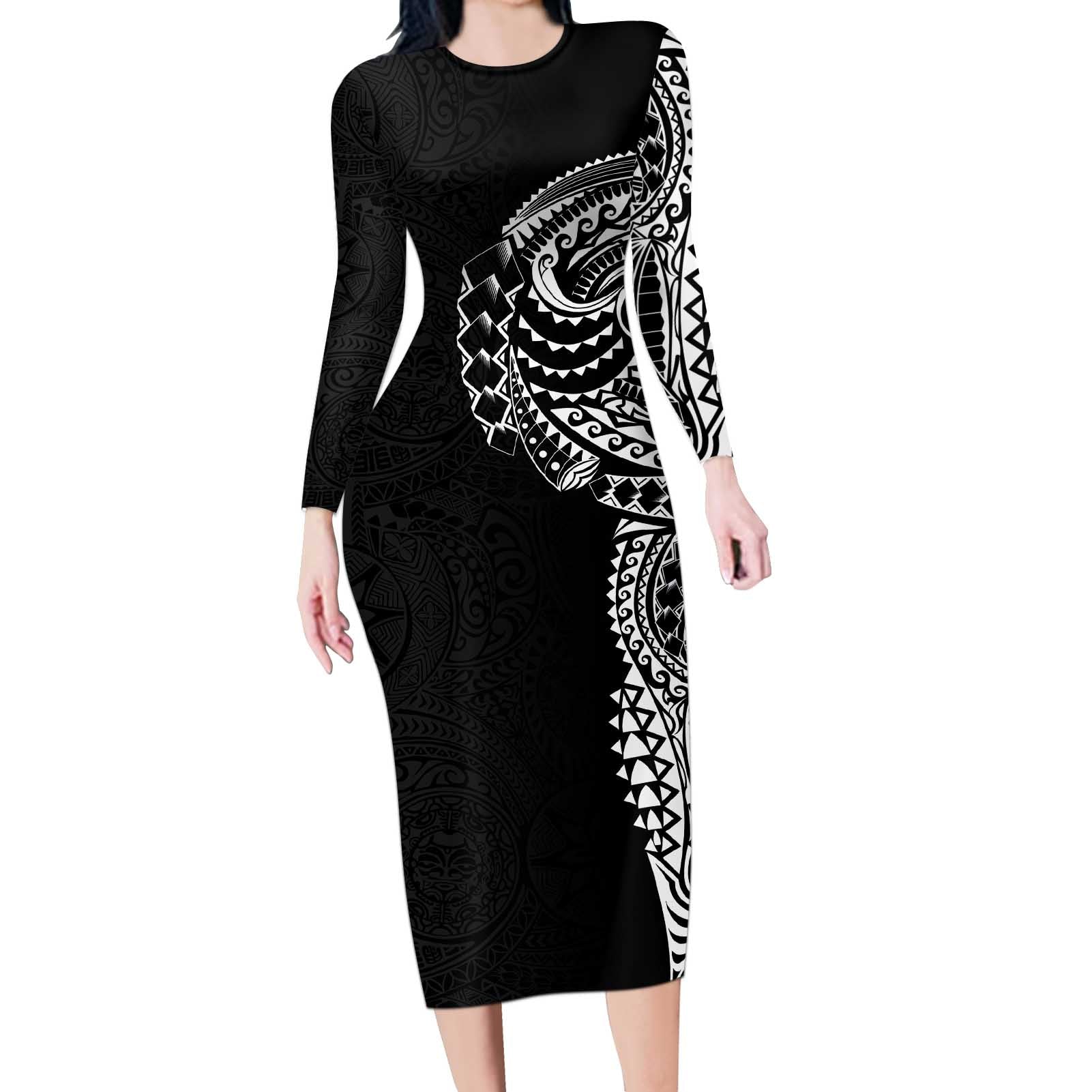 Polynesian Art Traditional Tattoo Pattern Long Sleeve Bodycon Dress