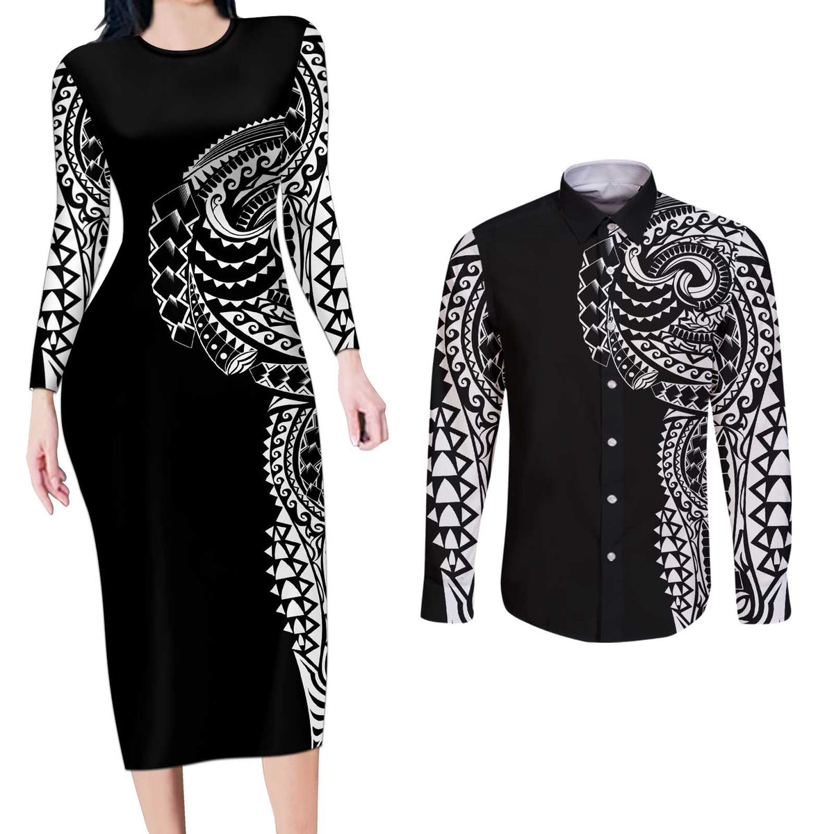 Polynesian Art Traditional Tattoo Couples Matching Long Sleeve Bodycon Dress and Long Sleeve Button Shirt Simple Style LT03 Black - Polynesian Pride