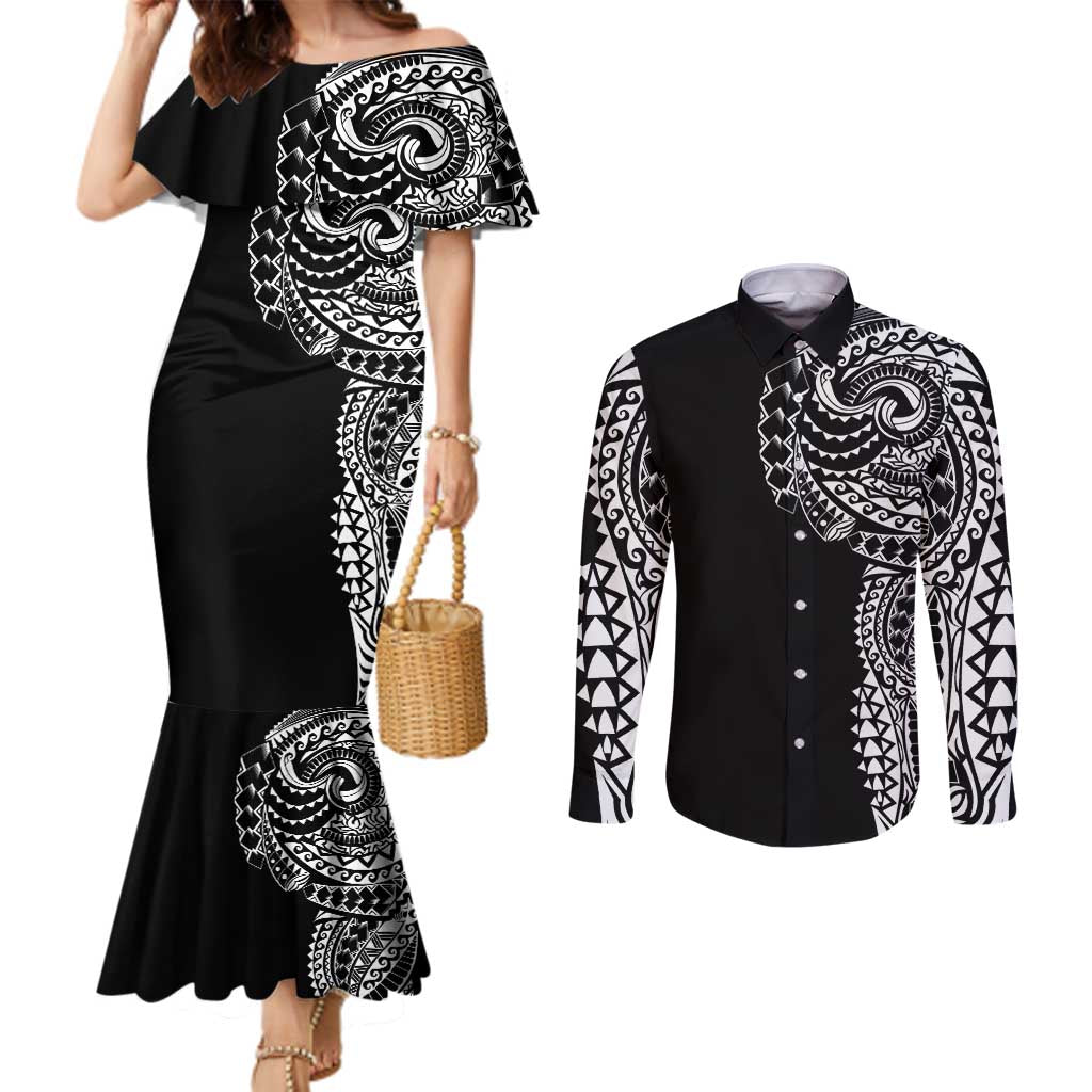 Polynesian Art Traditional Tattoo Couples Matching Mermaid Dress and Long Sleeve Button Shirt Simple Style LT03 Black - Polynesian Pride
