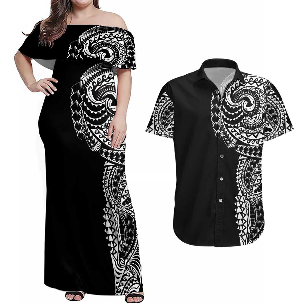 Polynesian Art Traditional Tattoo Couples Matching Off Shoulder Maxi Dress and Hawaiian Shirt Simple Style