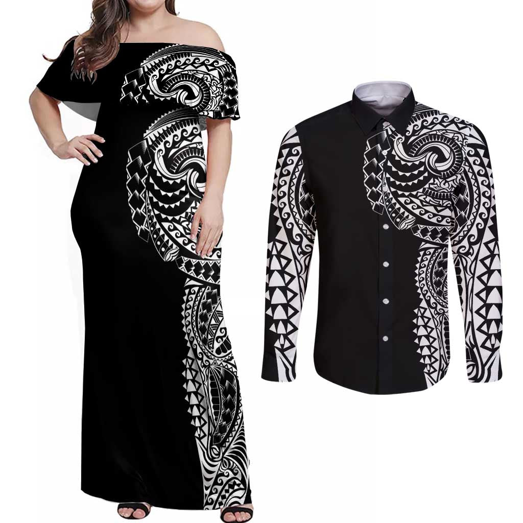 Polynesian Art Traditional Tattoo Couples Matching Off Shoulder Maxi Dress and Long Sleeve Button Shirt Simple Style LT03 Black - Polynesian Pride