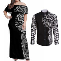 Polynesian Art Traditional Tattoo Couples Matching Off Shoulder Maxi Dress and Long Sleeve Button Shirt Simple Style LT03 Black - Polynesian Pride