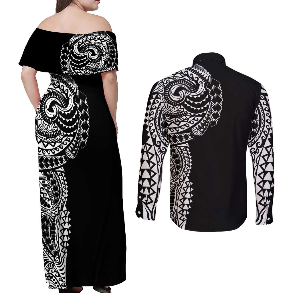 Polynesian Art Traditional Tattoo Couples Matching Off Shoulder Maxi Dress and Long Sleeve Button Shirt Simple Style LT03 - Polynesian Pride