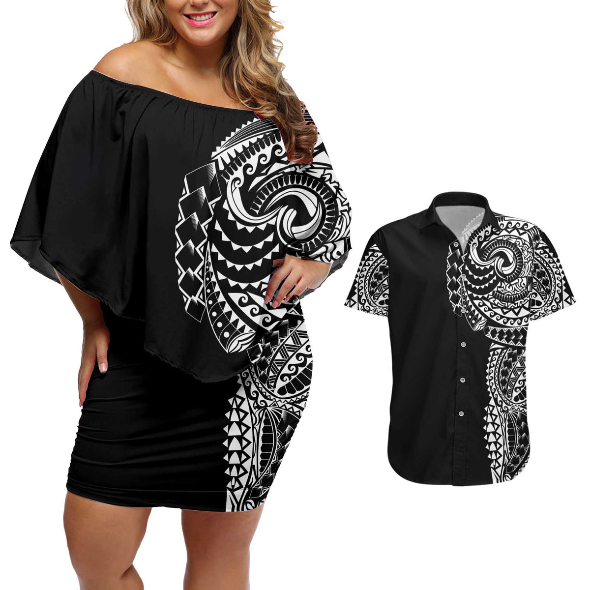 Polynesian Art Traditional Tattoo Couples Matching Off Shoulder Short Dress and Hawaiian Shirt Simple Style LT03 Black - Polynesian Pride