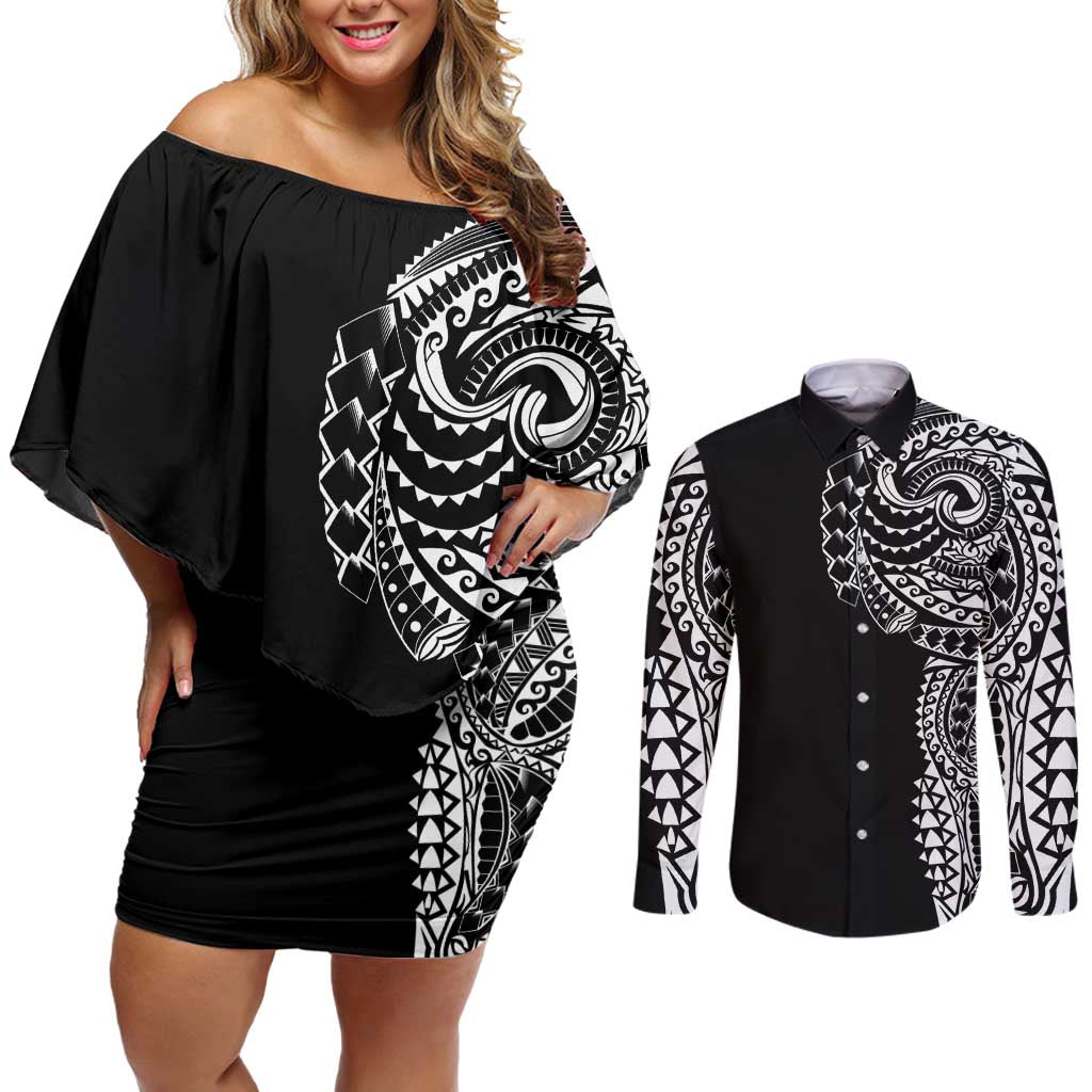 Polynesian Art Traditional Tattoo Couples Matching Off Shoulder Short Dress and Long Sleeve Button Shirt Simple Style LT03 Black - Polynesian Pride