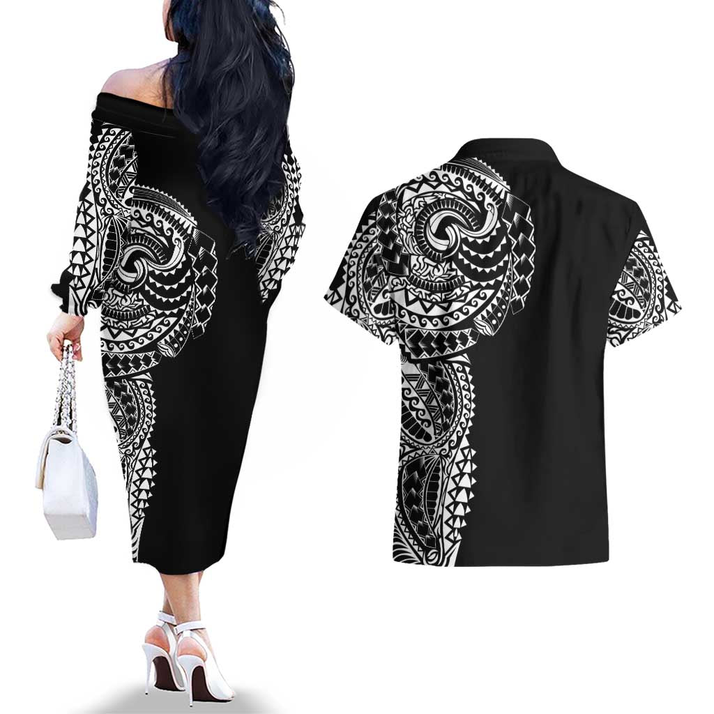 Polynesian Art Traditional Tattoo Couples Matching Off The Shoulder Long Sleeve Dress and Hawaiian Shirt Simple Style