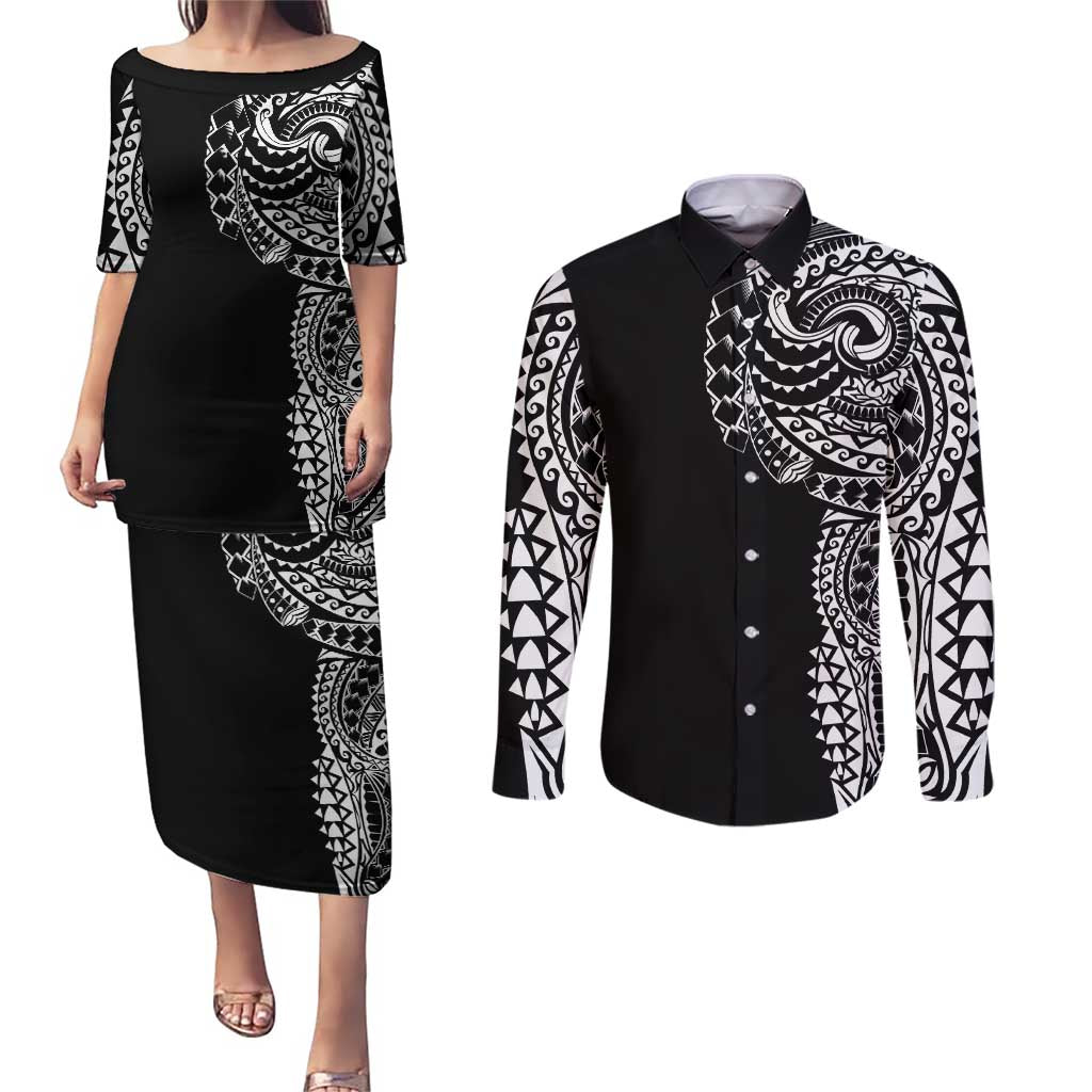 Polynesian Art Traditional Tattoo Couples Matching Puletasi and Long Sleeve Button Shirt Simple Style LT03 Black - Polynesian Pride