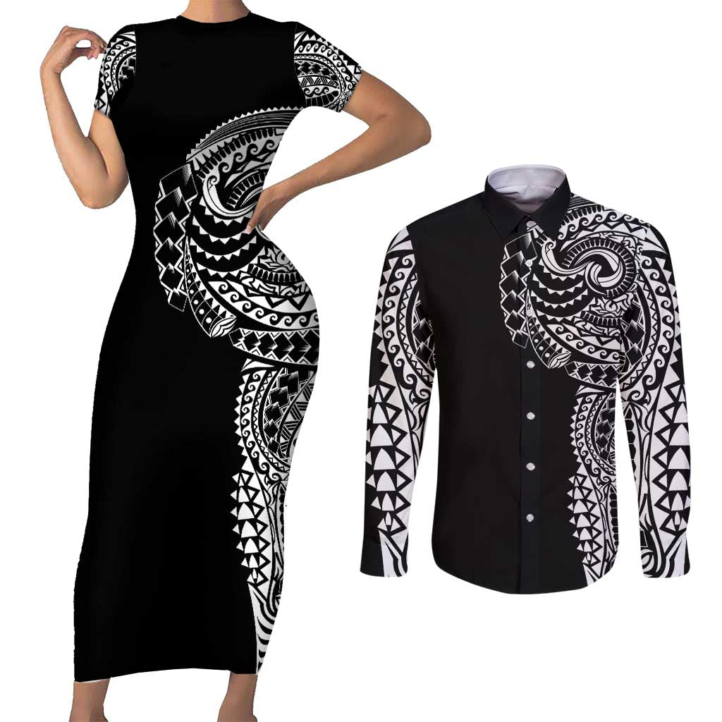 Polynesian Art Traditional Tattoo Couples Matching Short Sleeve Bodycon Dress and Long Sleeve Button Shirt Simple Style LT03 Black - Polynesian Pride