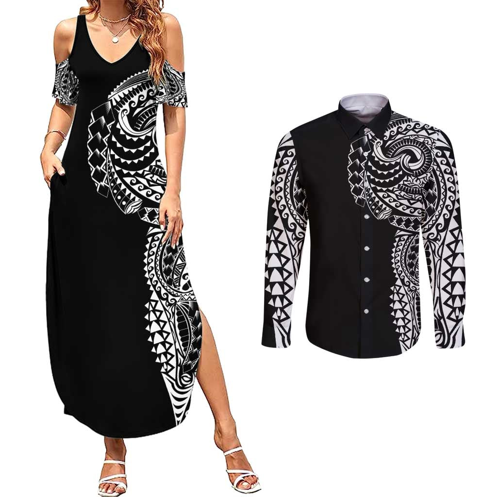 Polynesian Art Traditional Tattoo Couples Matching Summer Maxi Dress and Long Sleeve Button Shirt Simple Style LT03 Black - Polynesian Pride