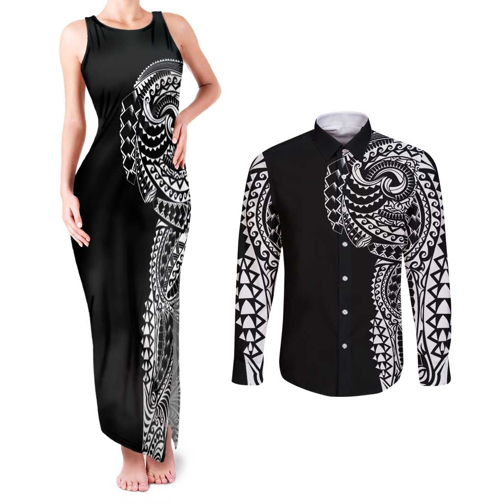 Polynesian Art Traditional Tattoo Couples Matching Tank Maxi Dress and Long Sleeve Button Shirt Simple Style LT03 Black - Polynesian Pride