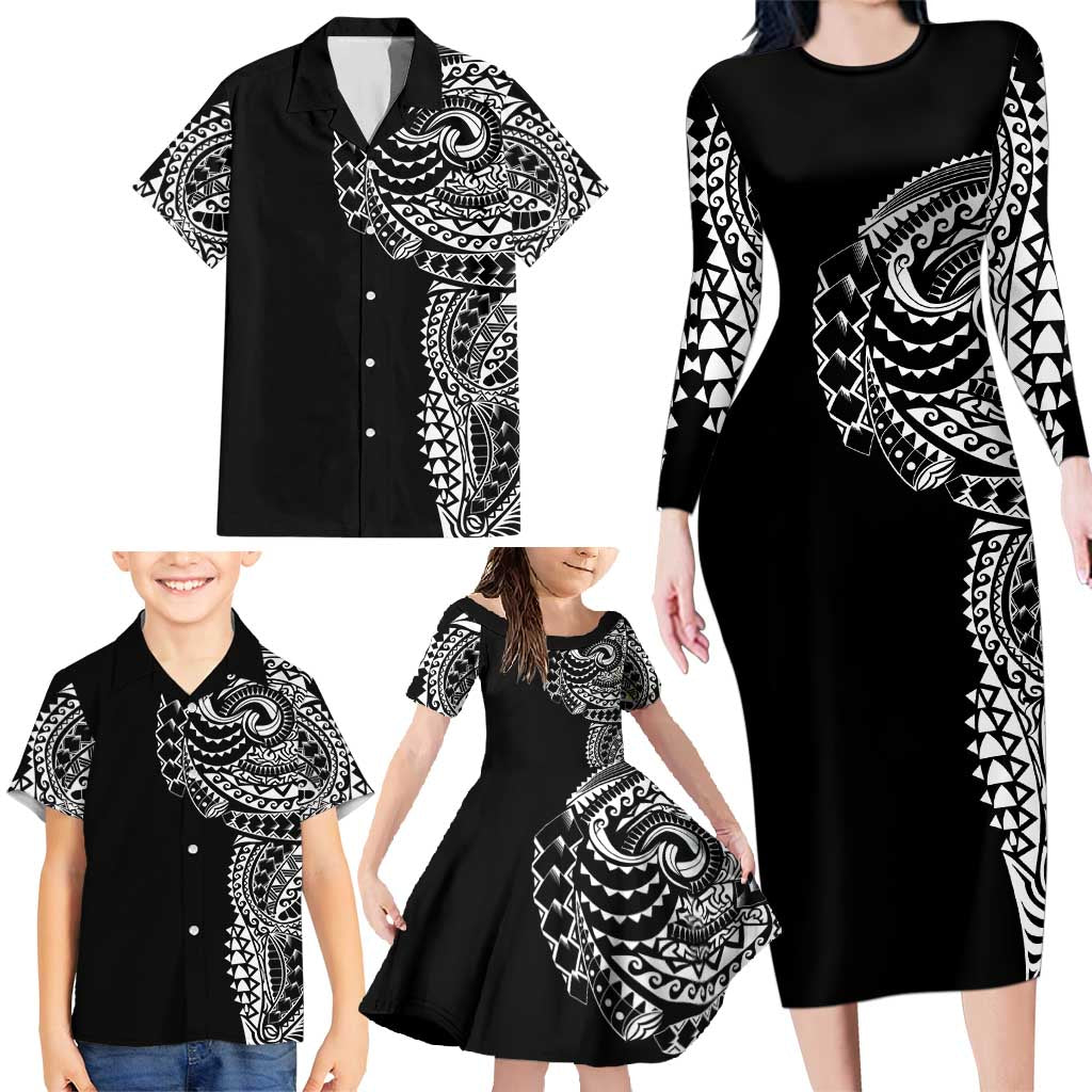 Polynesian Art Traditional Tattoo Family Matching Long Sleeve Bodycon Dress and Hawaiian Shirt Simple Style