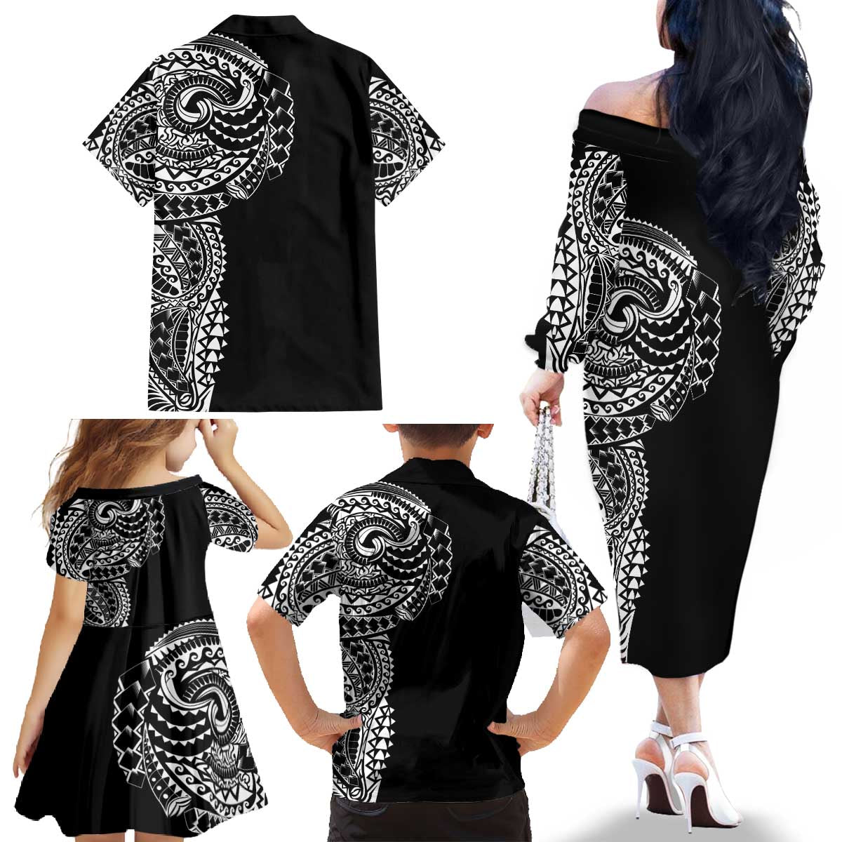 Polynesian Art Traditional Tattoo Family Matching Off The Shoulder Long Sleeve Dress and Hawaiian Shirt Simple Style