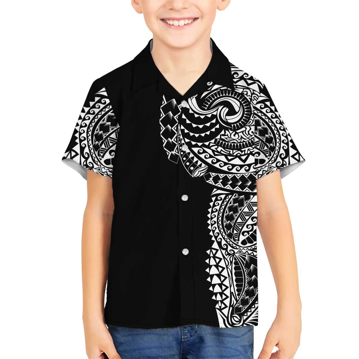 Polynesian Art Traditional Tattoo Family Matching Puletasi and Hawaiian Shirt Simple Style LT03 Son's Shirt Black - Polynesian Pride