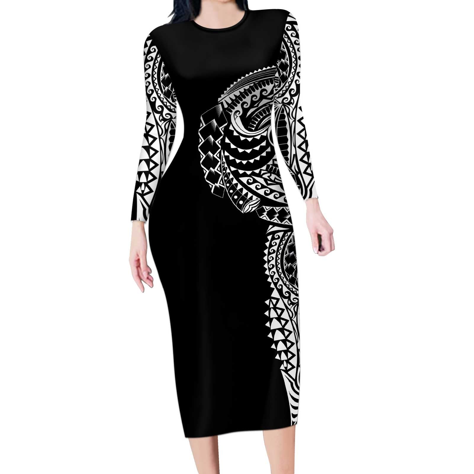 Polynesian Art Traditional Tattoo Long Sleeve Bodycon Dress Simple Style