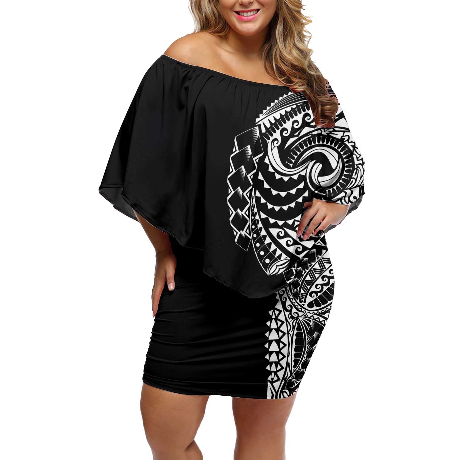 Polynesian Art Traditional Tattoo Off Shoulder Short Dress Simple Style LT03 Women Black - Polynesian Pride