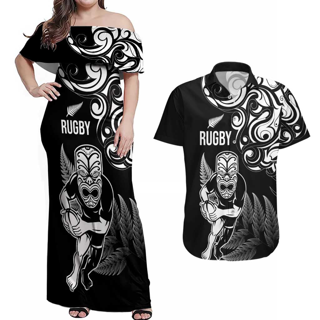 New Zealand Maori Warrior Rugby Couples Matching Off Shoulder Maxi Dress and Hawaiian Shirt Silver Fern