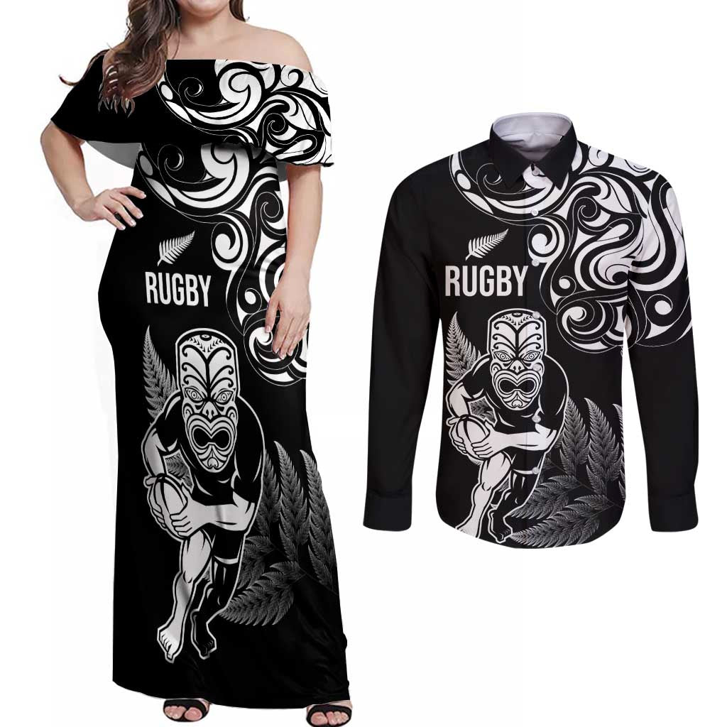 New Zealand Maori Warrior Rugby Couples Matching Off Shoulder Maxi Dress and Long Sleeve Button Shirt Silver Fern