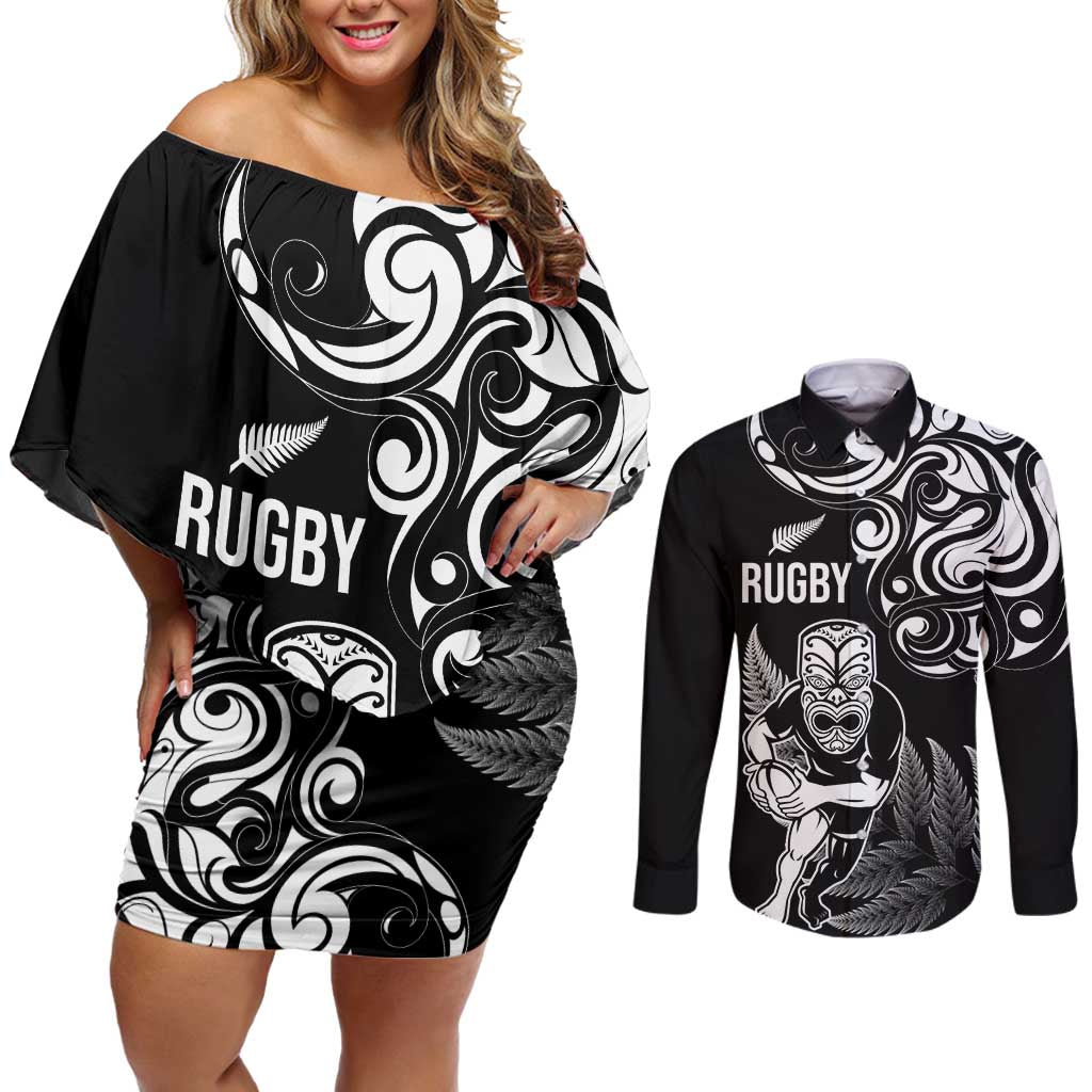 New Zealand Maori Warrior Rugby Couples Matching Off Shoulder Short Dress and Long Sleeve Button Shirt Silver Fern