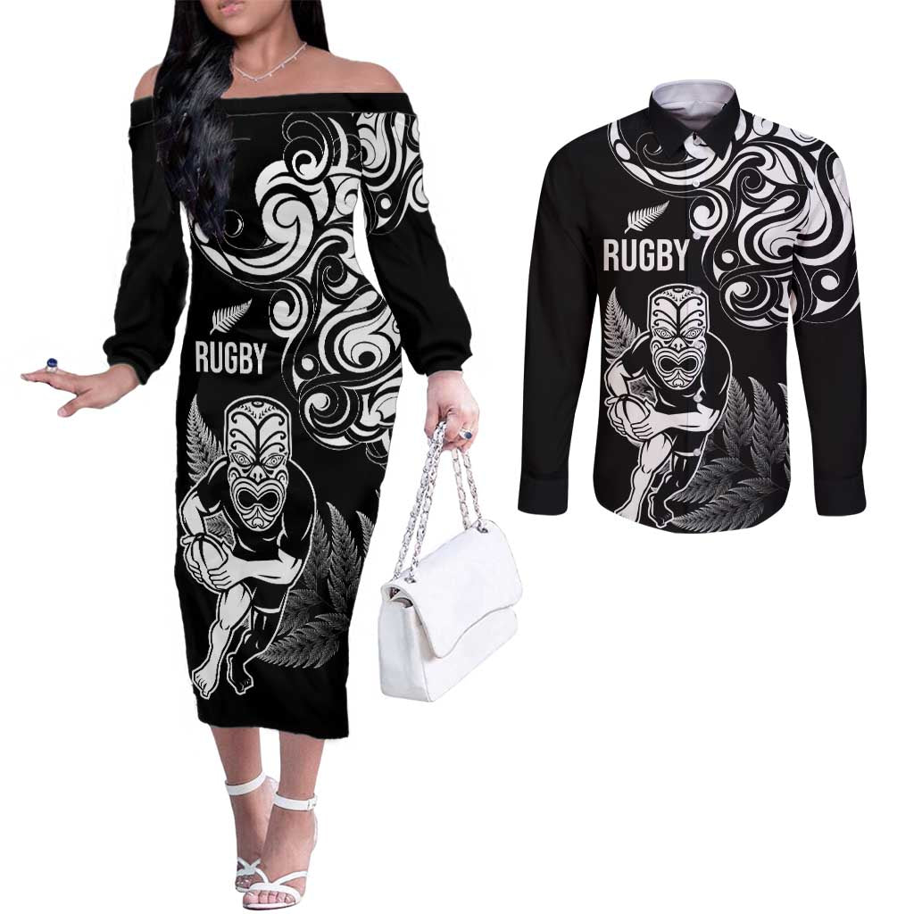 New Zealand Maori Warrior Rugby Couples Matching Off The Shoulder Long Sleeve Dress and Long Sleeve Button Shirt Silver Fern