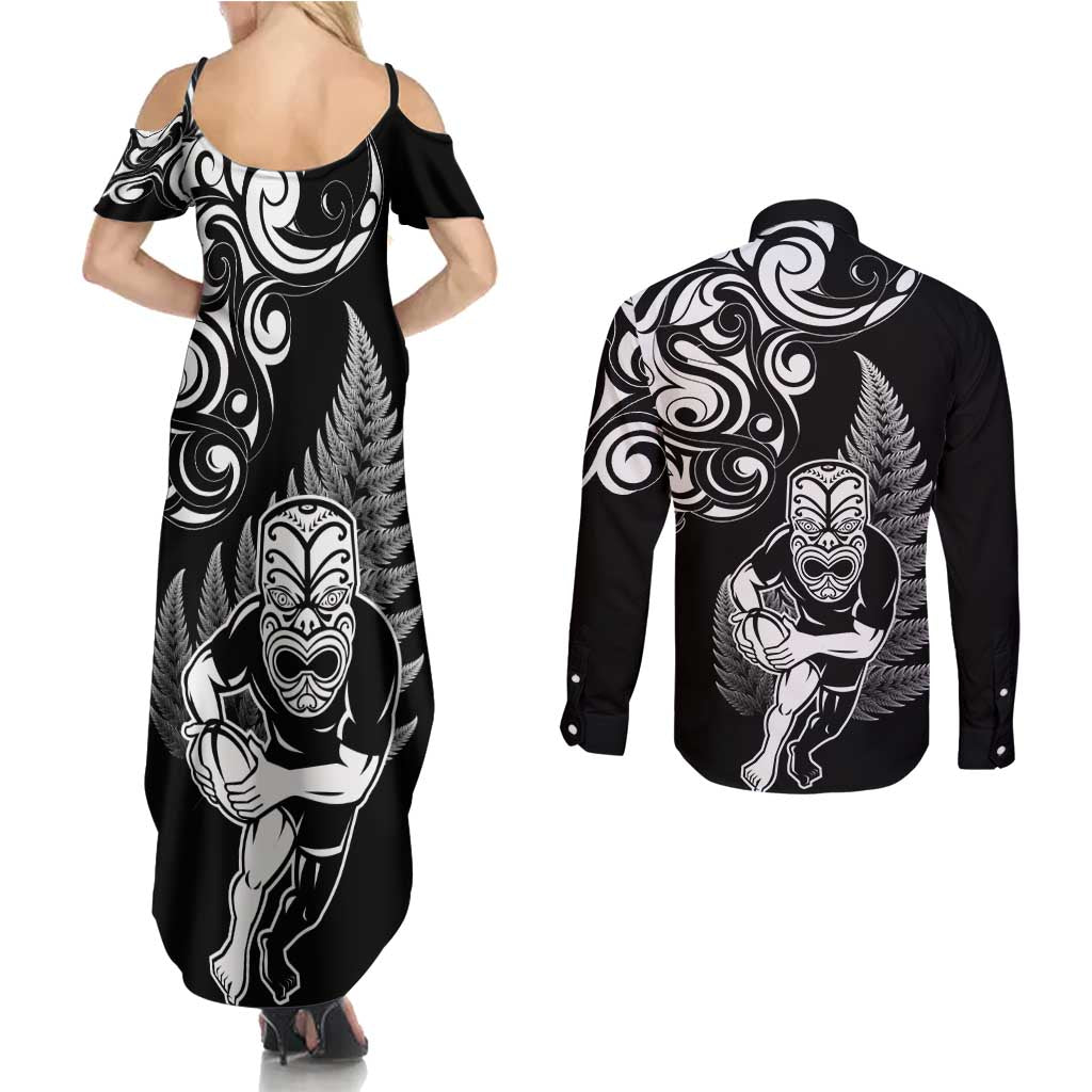 New Zealand Maori Warrior Rugby Couples Matching Summer Maxi Dress and Long Sleeve Button Shirt Silver Fern