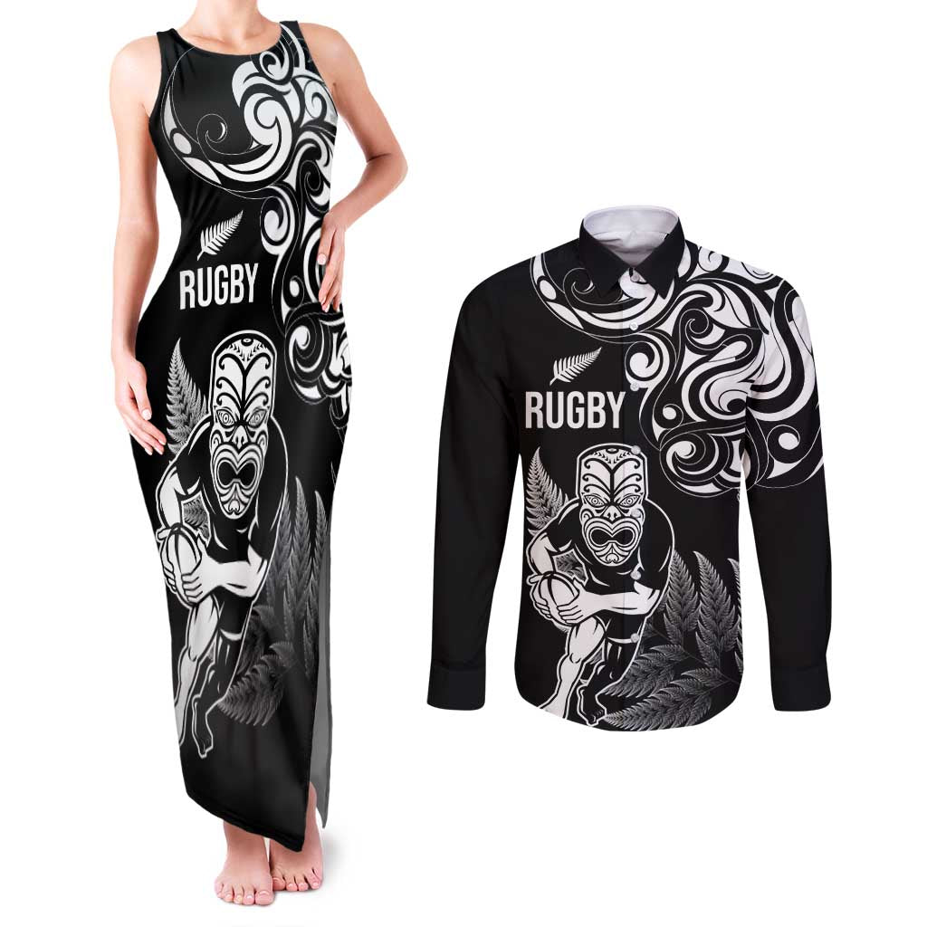 New Zealand Maori Warrior Rugby Couples Matching Tank Maxi Dress and Long Sleeve Button Shirt Silver Fern