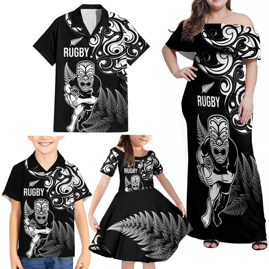 New Zealand Maori Warrior Rugby Family Matching Off Shoulder Maxi Dress and Hawaiian Shirt Silver Fern