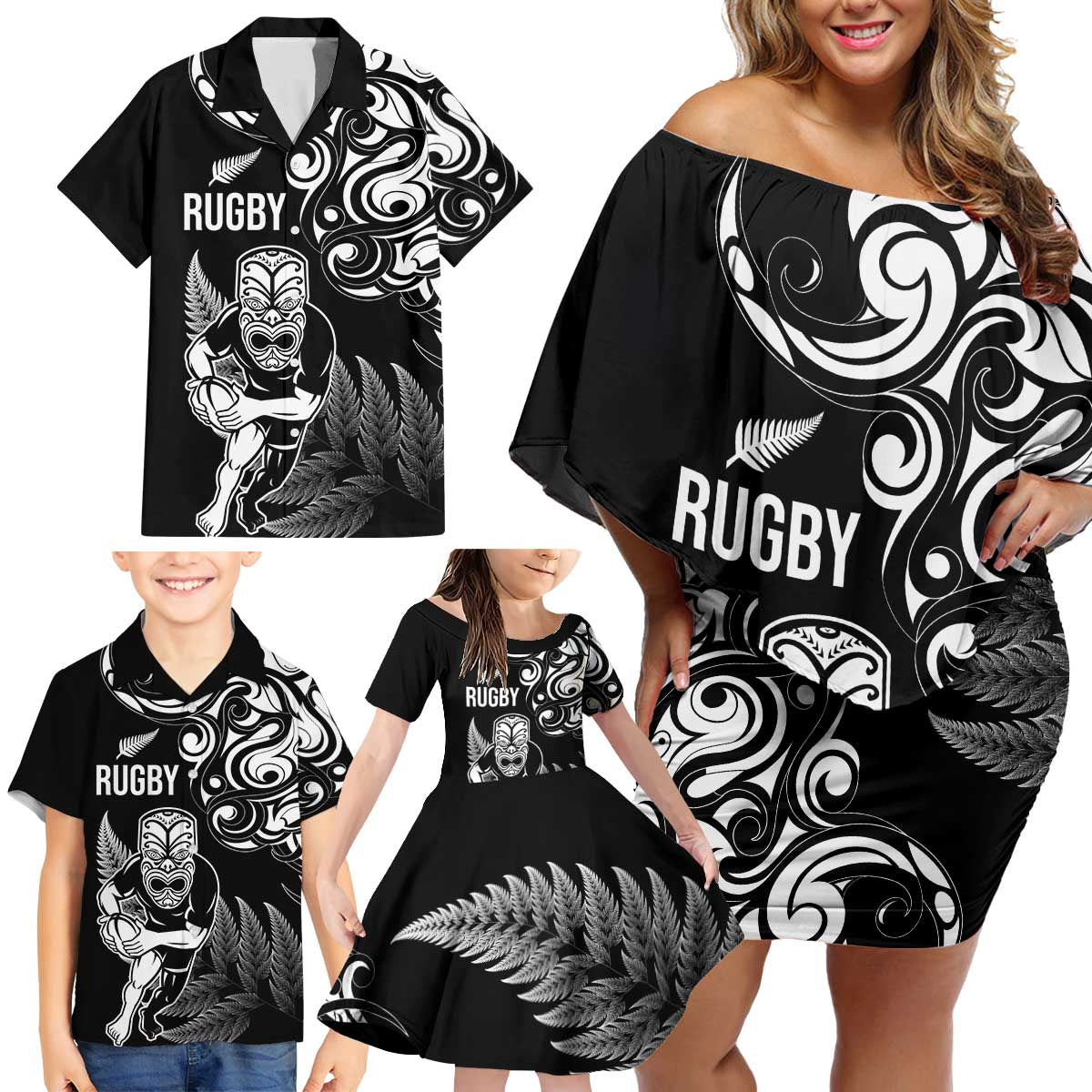 New Zealand Maori Warrior Rugby Family Matching Off Shoulder Short Dress and Hawaiian Shirt Silver Fern