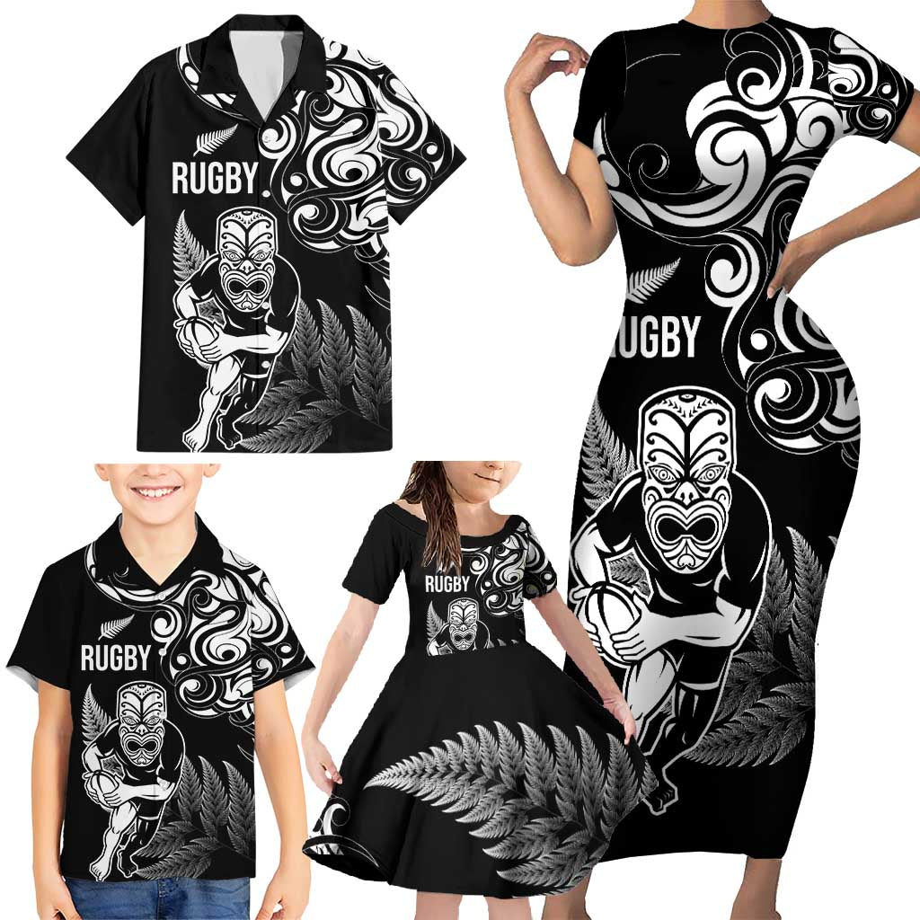 New Zealand Maori Warrior Rugby Family Matching Short Sleeve Bodycon Dress and Hawaiian Shirt Silver Fern