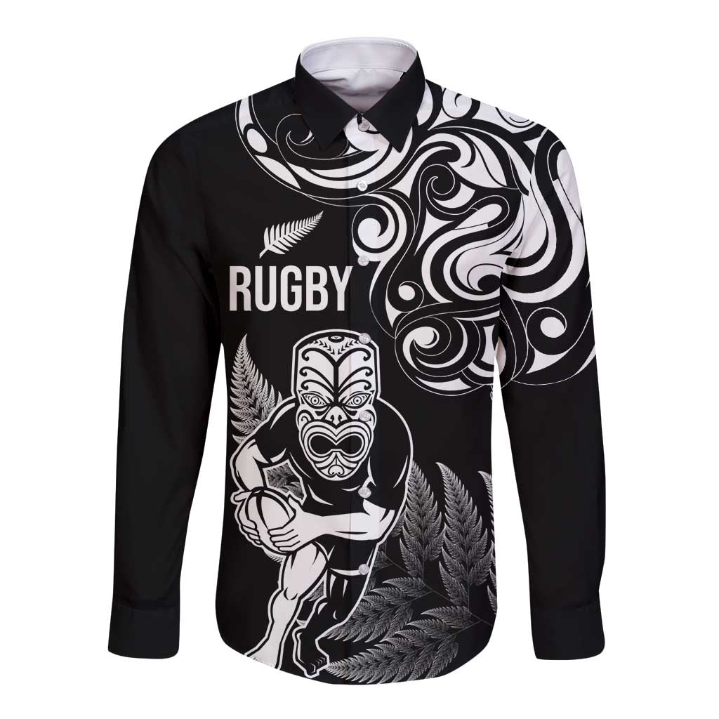 New Zealand Maori Warrior Rugby Long Sleeve Button Shirt Silver Fern