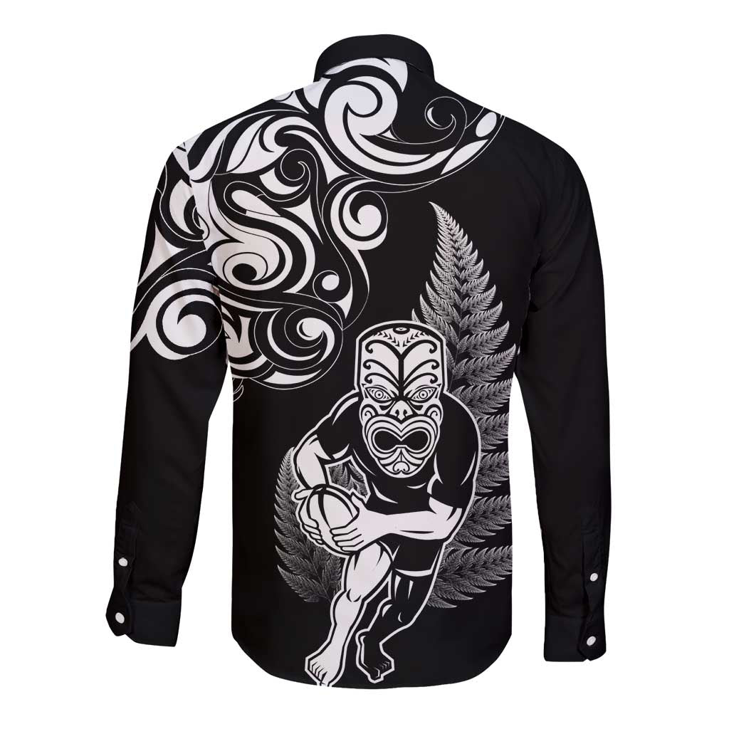 New Zealand Maori Warrior Rugby Long Sleeve Button Shirt Silver Fern