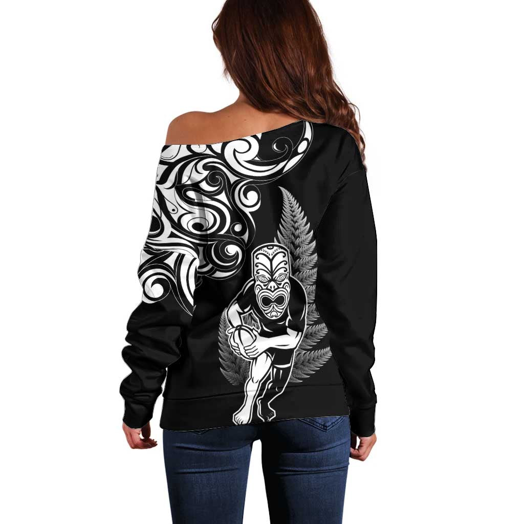 New Zealand Maori Warrior Rugby Off Shoulder Sweater Silver Fern