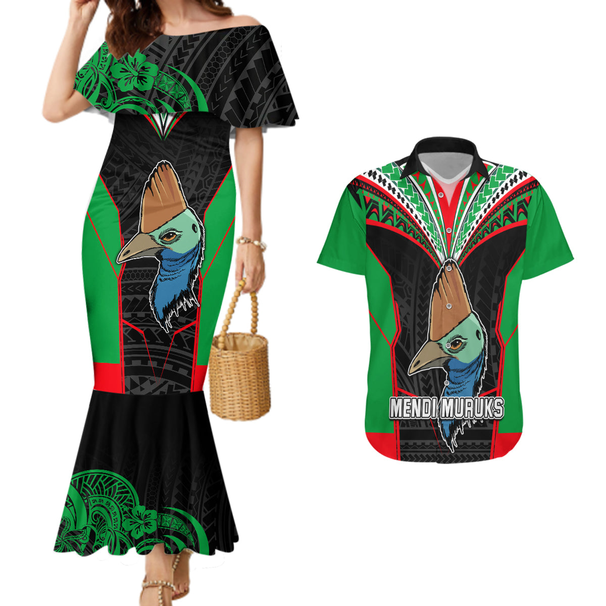 PNG Mendi Muruks Rugby Couples Matching Mermaid Dress and Hawaiian Shirt The Cassowary Head and PNG Bird Polynesian Tattoo LT03 Green - Polynesian Pride