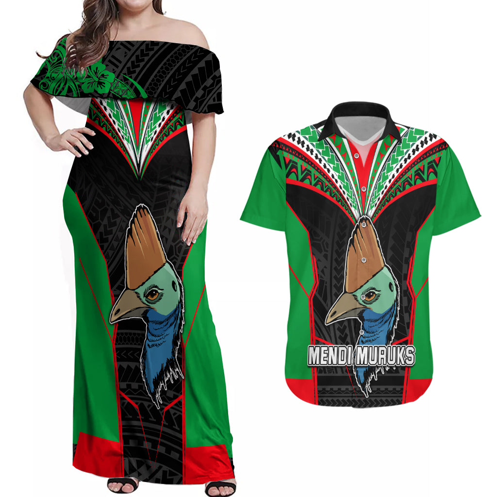 PNG Mendi Muruks Rugby Couples Matching Off Shoulder Maxi Dress and Hawaiian Shirt The Cassowary Head and PNG Bird Polynesian Tattoo LT03 Green - Polynesian Pride