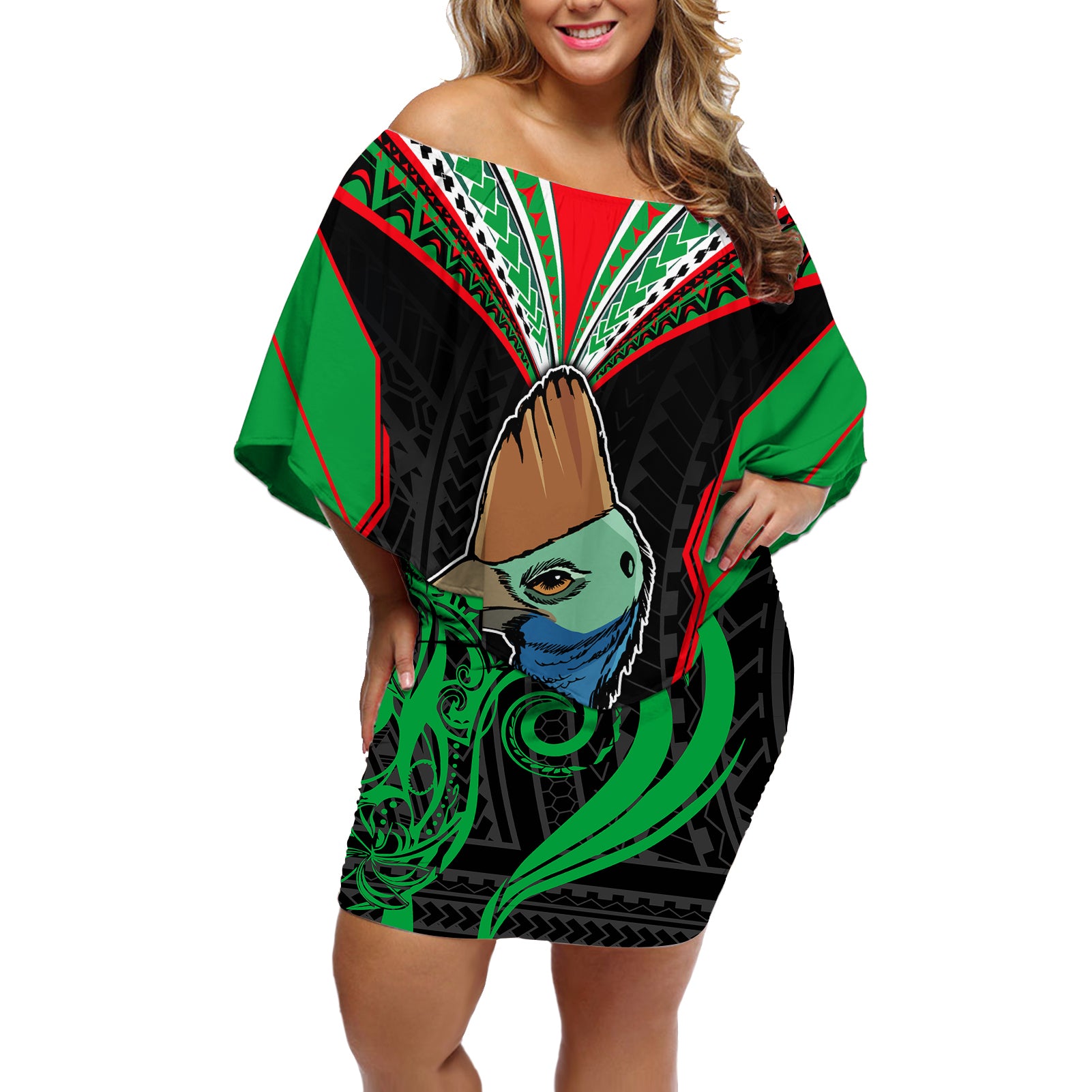 PNG Mendi Muruks Rugby Off Shoulder Short Dress The Cassowary Head and PNG Bird Polynesian Tattoo LT03 Women Green - Polynesian Pride