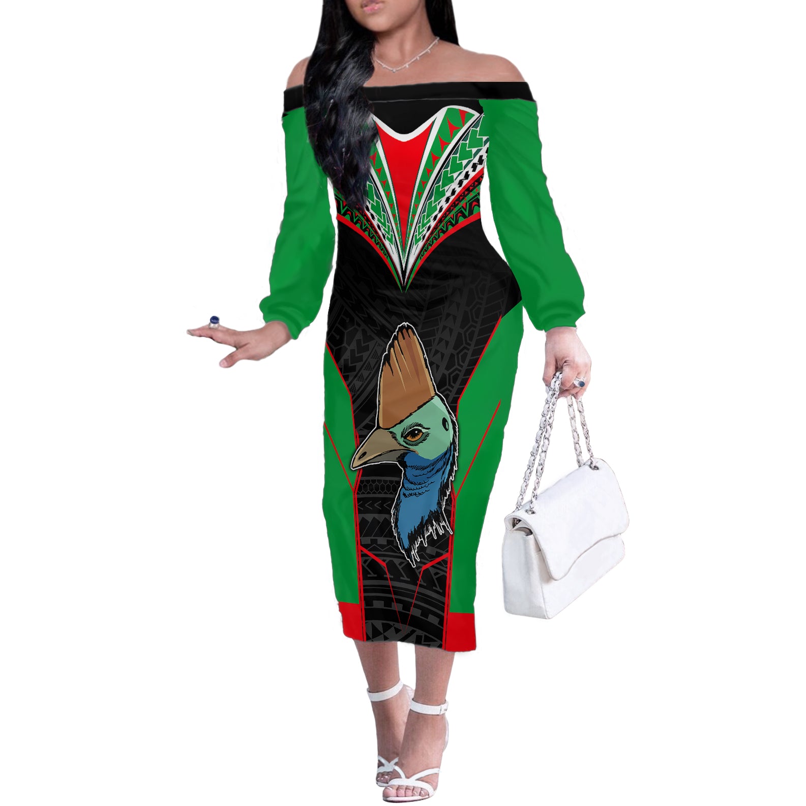 PNG Mendi Muruks Rugby Off The Shoulder Long Sleeve Dress The Cassowary Head and PNG Bird Polynesian Tattoo LT03 Women Green - Polynesian Pride