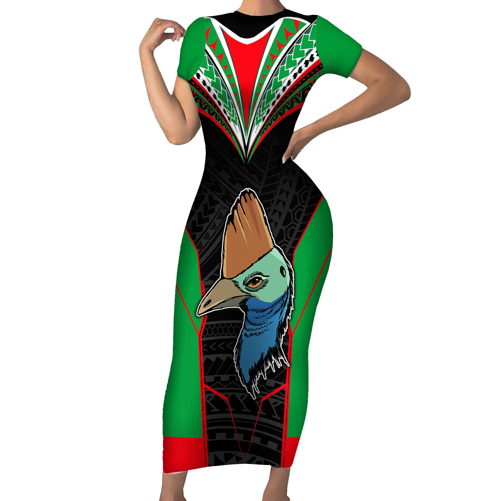 PNG Mendi Muruks Rugby Short Sleeve Bodycon Dress The Cassowary Head and PNG Bird Polynesian Tattoo LT03 Long Dress Green - Polynesian Pride