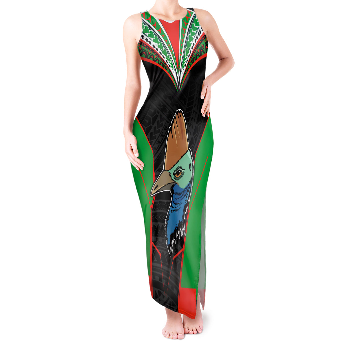 PNG Mendi Muruks Rugby Tank Maxi Dress The Cassowary Head and PNG Bird Polynesian Tattoo LT03 Women Green - Polynesian Pride