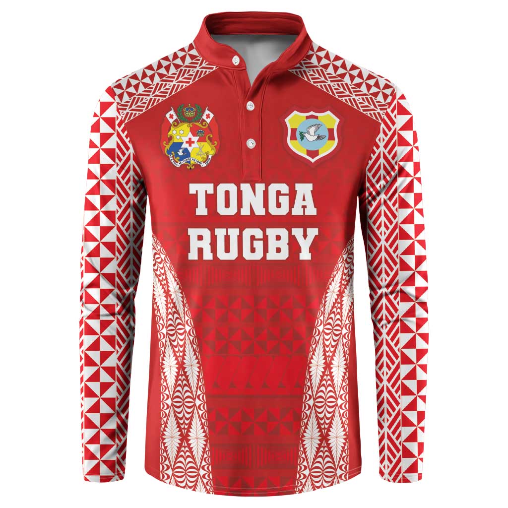 Custom Tonga Pacific Rugby 2024 Button Sweatshirt Ngatu Tribal Pattern LT03 Red - Polynesian Pride