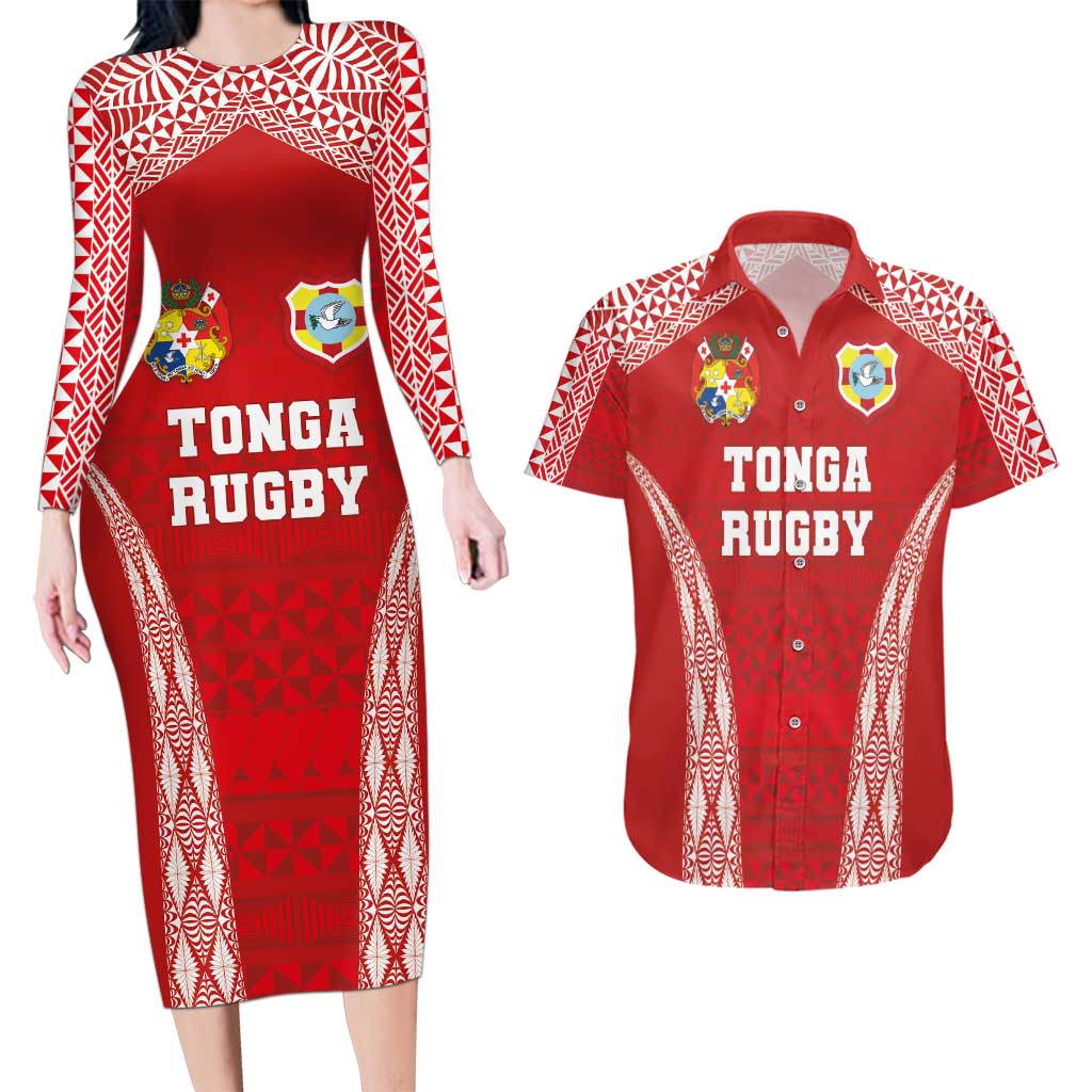 Custom Tonga Pacific Rugby 2024 Couples Matching Long Sleeve Bodycon Dress and Hawaiian Shirt Ngatu Tribal Pattern LT03 Red - Polynesian Pride