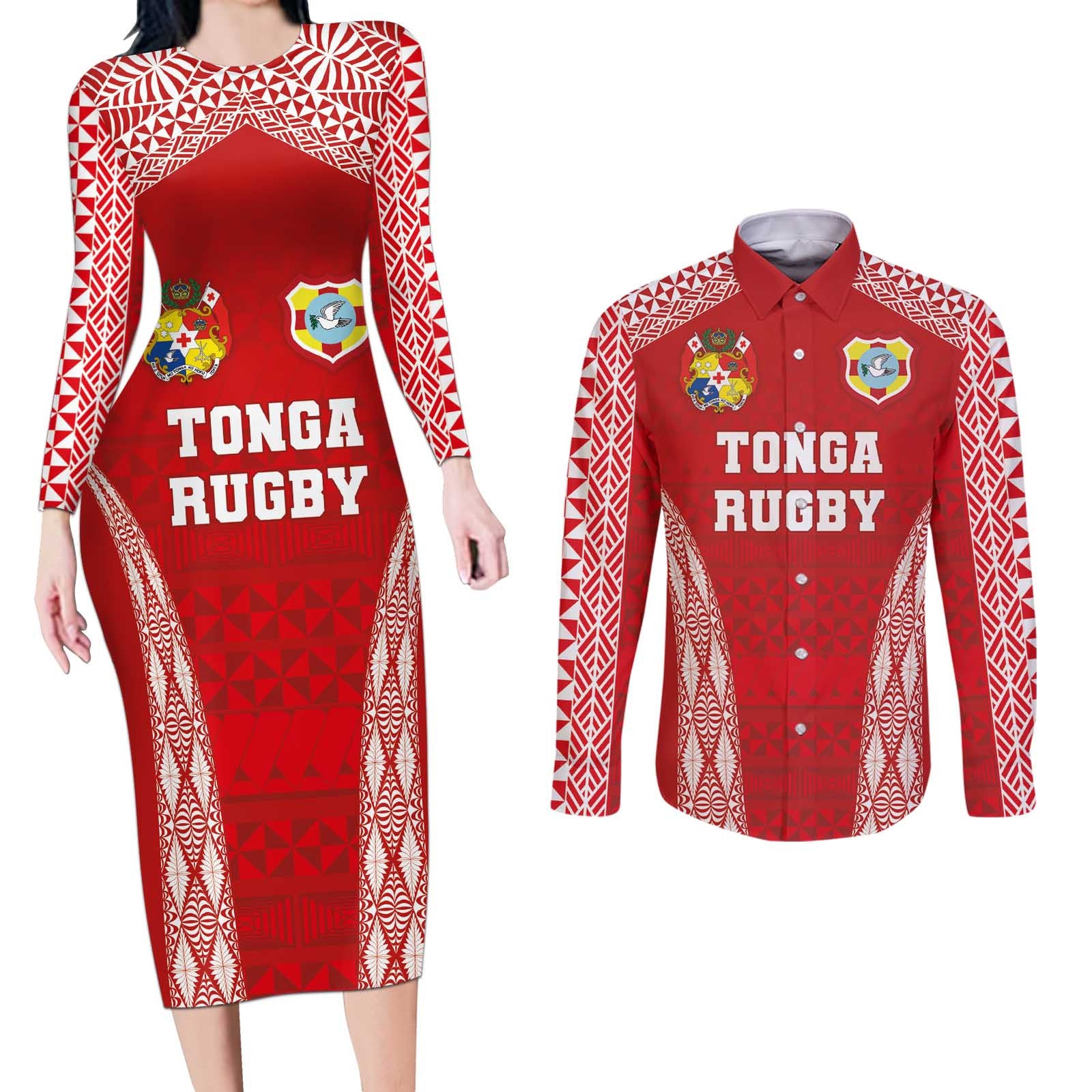 Custom Tonga Pacific Rugby 2024 Couples Matching Long Sleeve Bodycon Dress and Long Sleeve Button Shirt Ngatu Tribal Pattern LT03 Red - Polynesian Pride