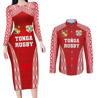 Custom Tonga Pacific Rugby 2024 Couples Matching Long Sleeve Bodycon Dress and Long Sleeve Button Shirt Ngatu Tribal Pattern LT03 Red - Polynesian Pride