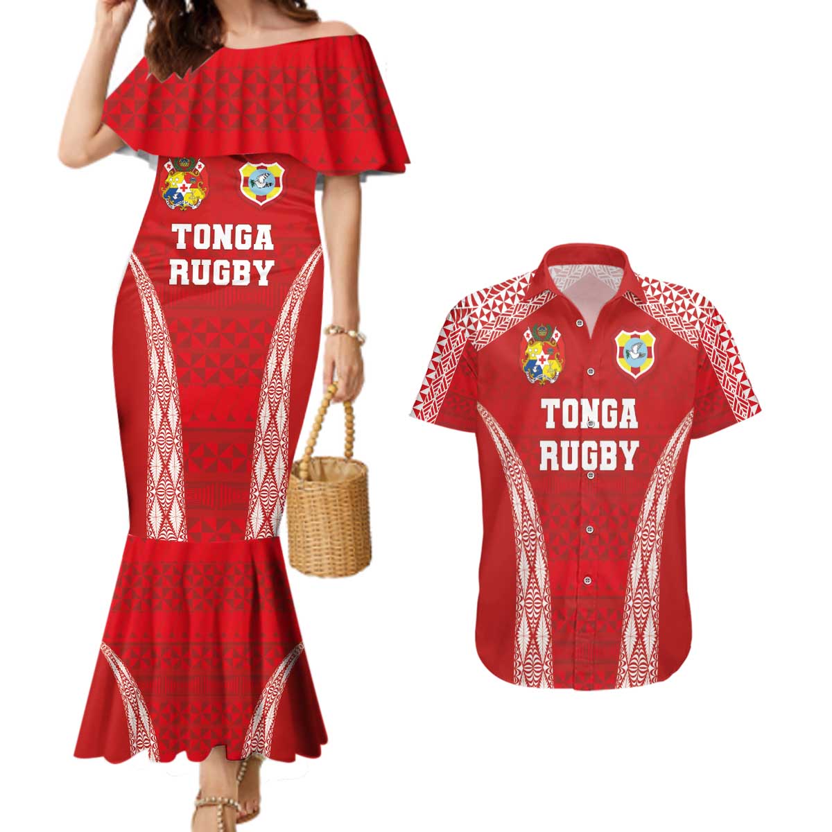 Custom Tonga Pacific Rugby 2024 Couples Matching Mermaid Dress and Hawaiian Shirt Ngatu Tribal Pattern