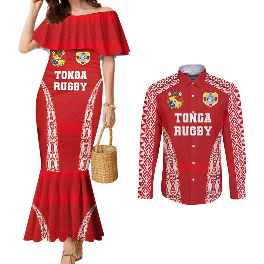 Custom Tonga Pacific Rugby 2024 Couples Matching Mermaid Dress and Long Sleeve Button Shirt Ngatu Tribal Pattern LT03 Red - Polynesian Pride