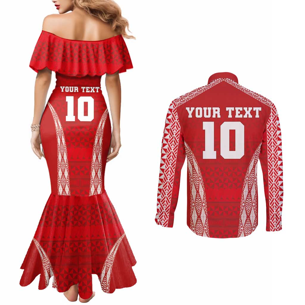 Custom Tonga Pacific Rugby 2024 Couples Matching Mermaid Dress and Long Sleeve Button Shirt Ngatu Tribal Pattern LT03 - Polynesian Pride