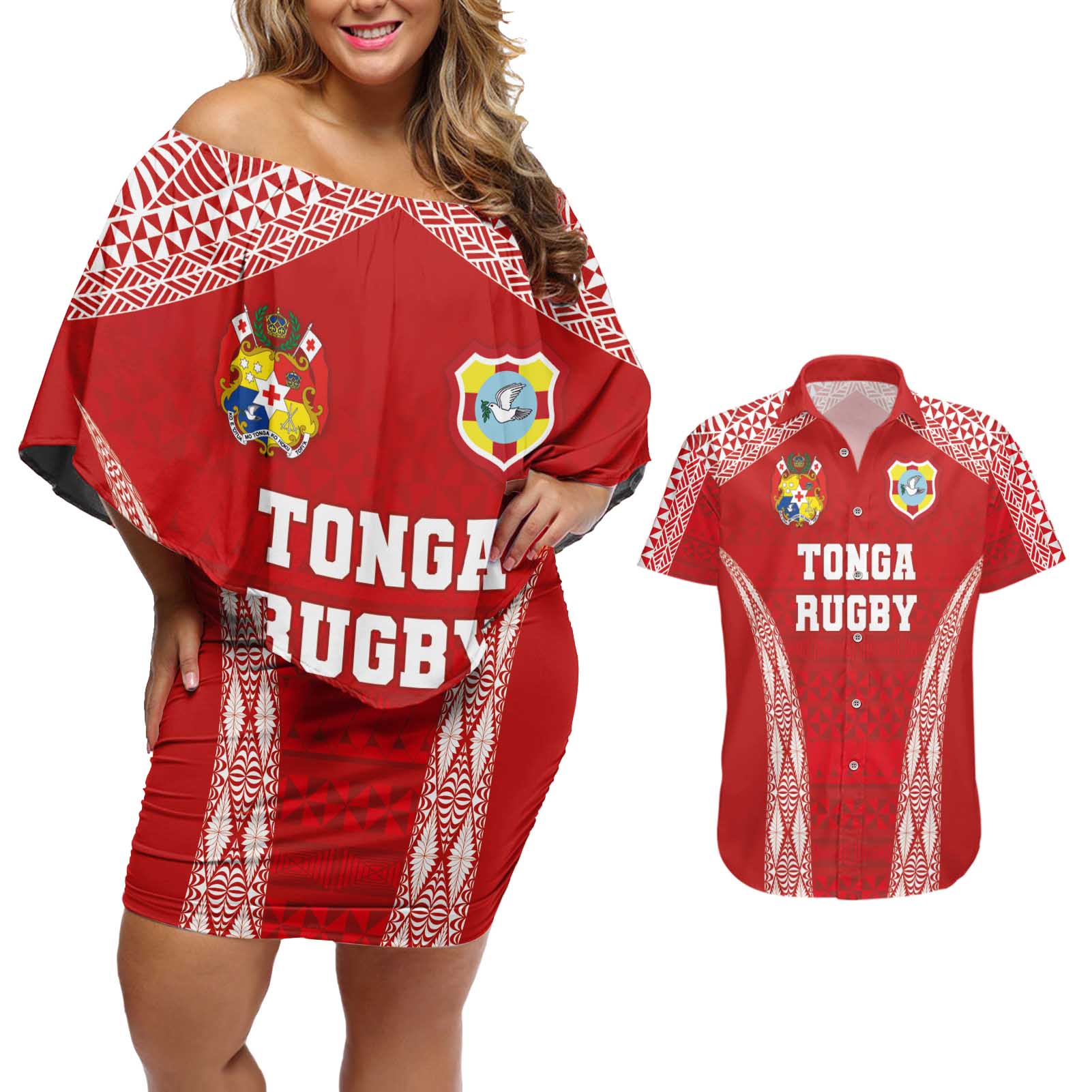 Custom Tonga Pacific Rugby 2024 Couples Matching Off Shoulder Short Dress and Hawaiian Shirt Ngatu Tribal Pattern