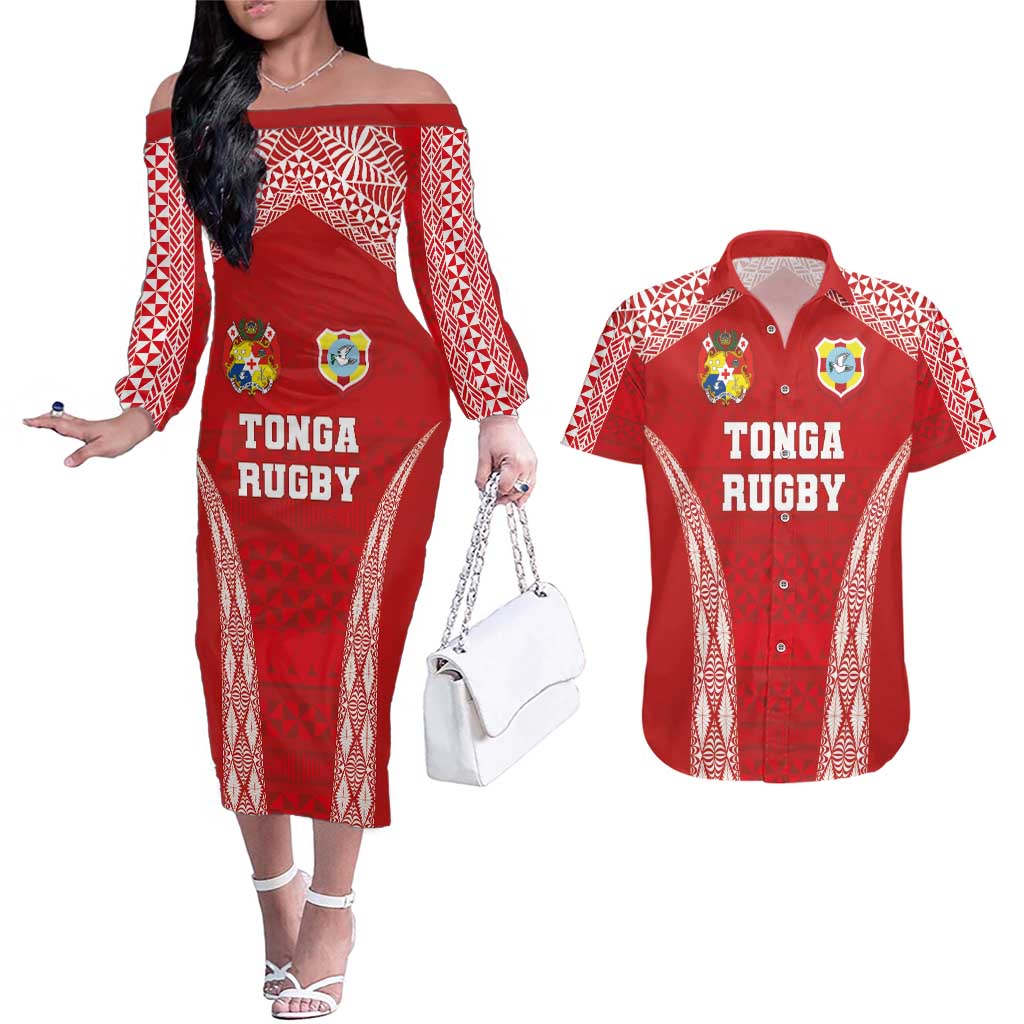 Custom Tonga Pacific Rugby 2024 Couples Matching Off The Shoulder Long Sleeve Dress and Hawaiian Shirt Ngatu Tribal Pattern LT03 Red - Polynesian Pride
