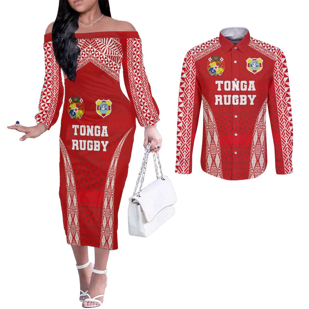 Custom Tonga Pacific Rugby 2024 Couples Matching Off The Shoulder Long Sleeve Dress and Long Sleeve Button Shirt Ngatu Tribal Pattern LT03 Red - Polynesian Pride