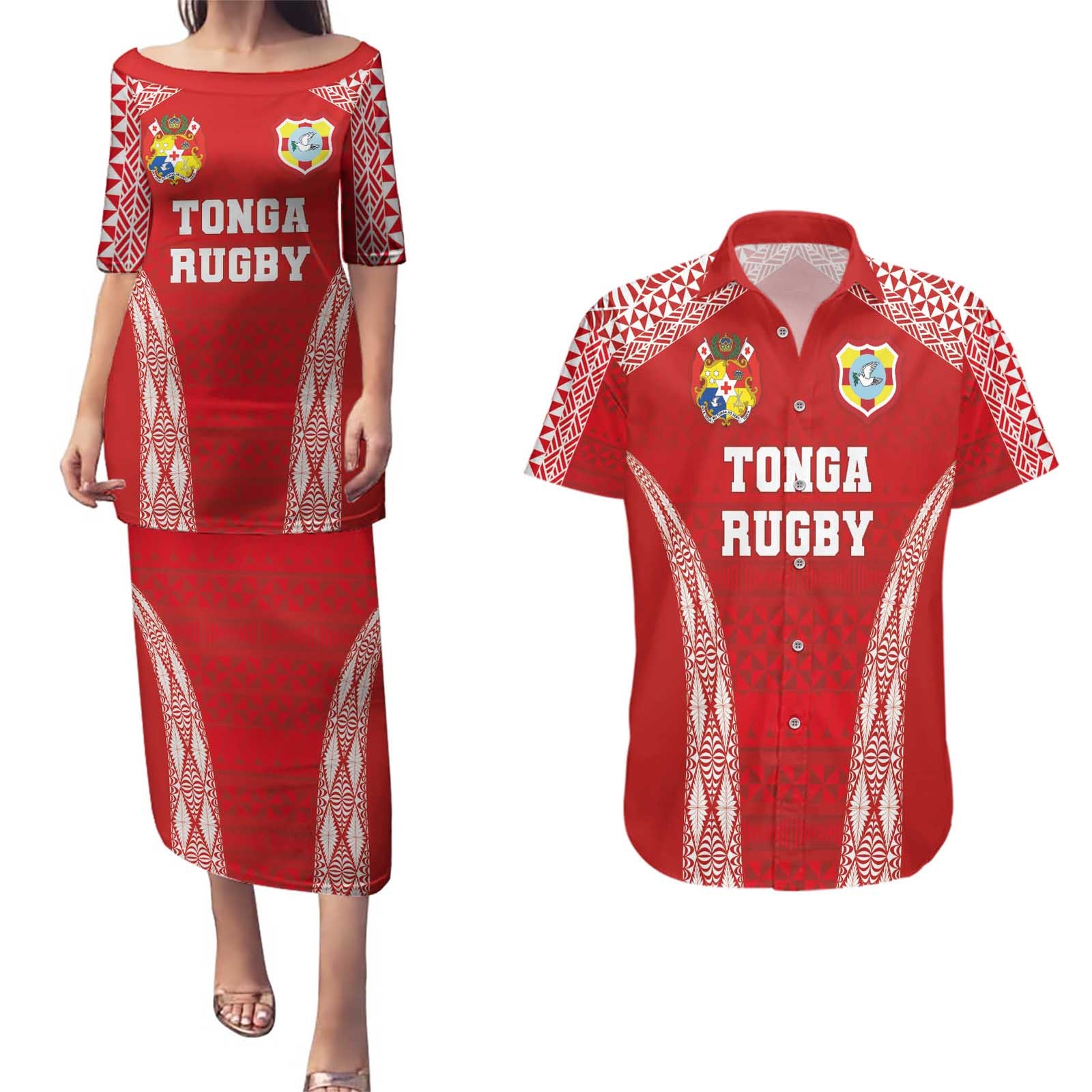 Custom Tonga Pacific Rugby 2024 Couples Matching Puletasi and Hawaiian Shirt Ngatu Tribal Pattern LT03 Red - Polynesian Pride