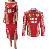 Custom Tonga Pacific Rugby 2024 Couples Matching Puletasi and Long Sleeve Button Shirt Ngatu Tribal Pattern LT03 Red - Polynesian Pride